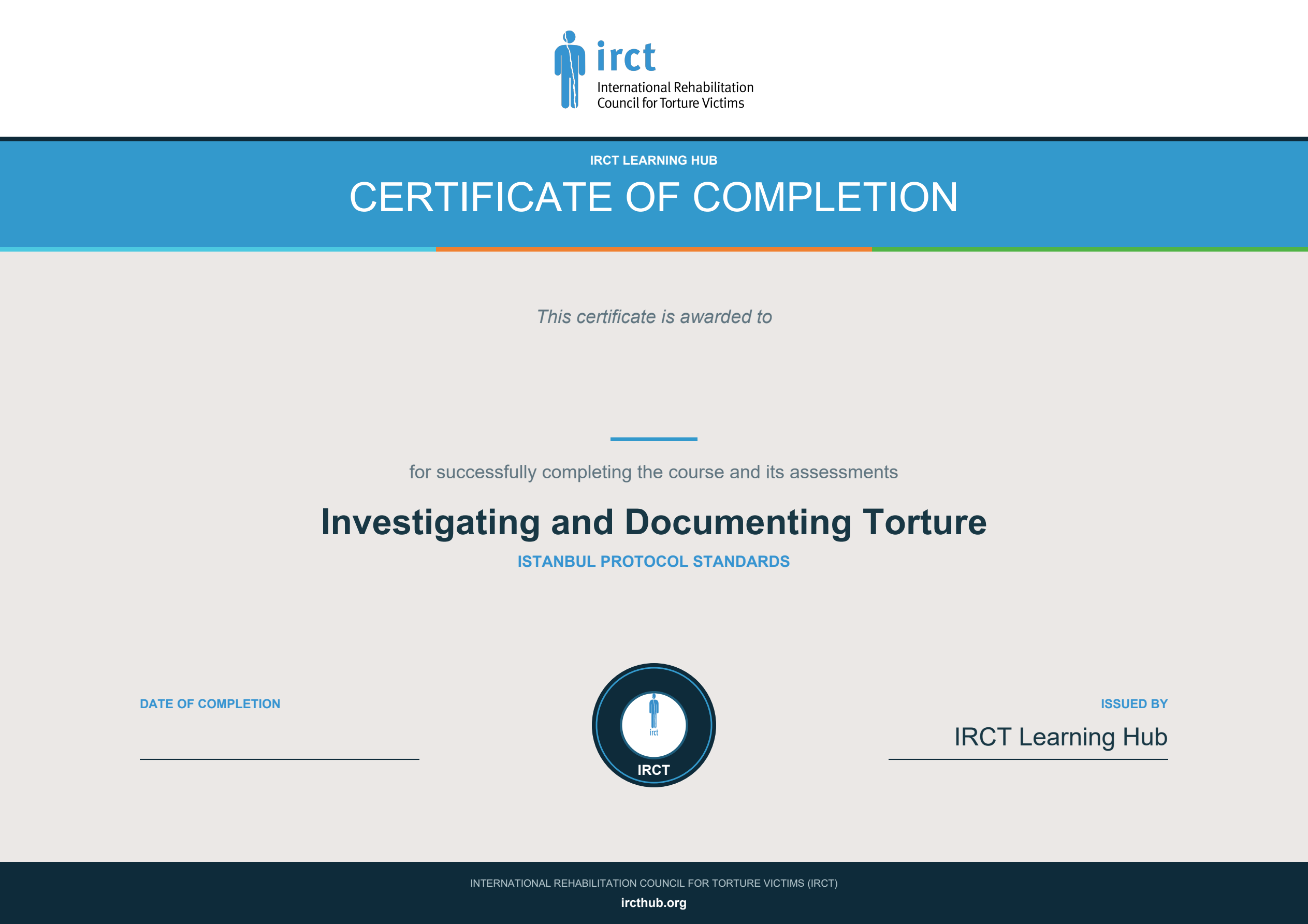 IRCT certificate of completion design. The issued certificate includes your name and completion date.